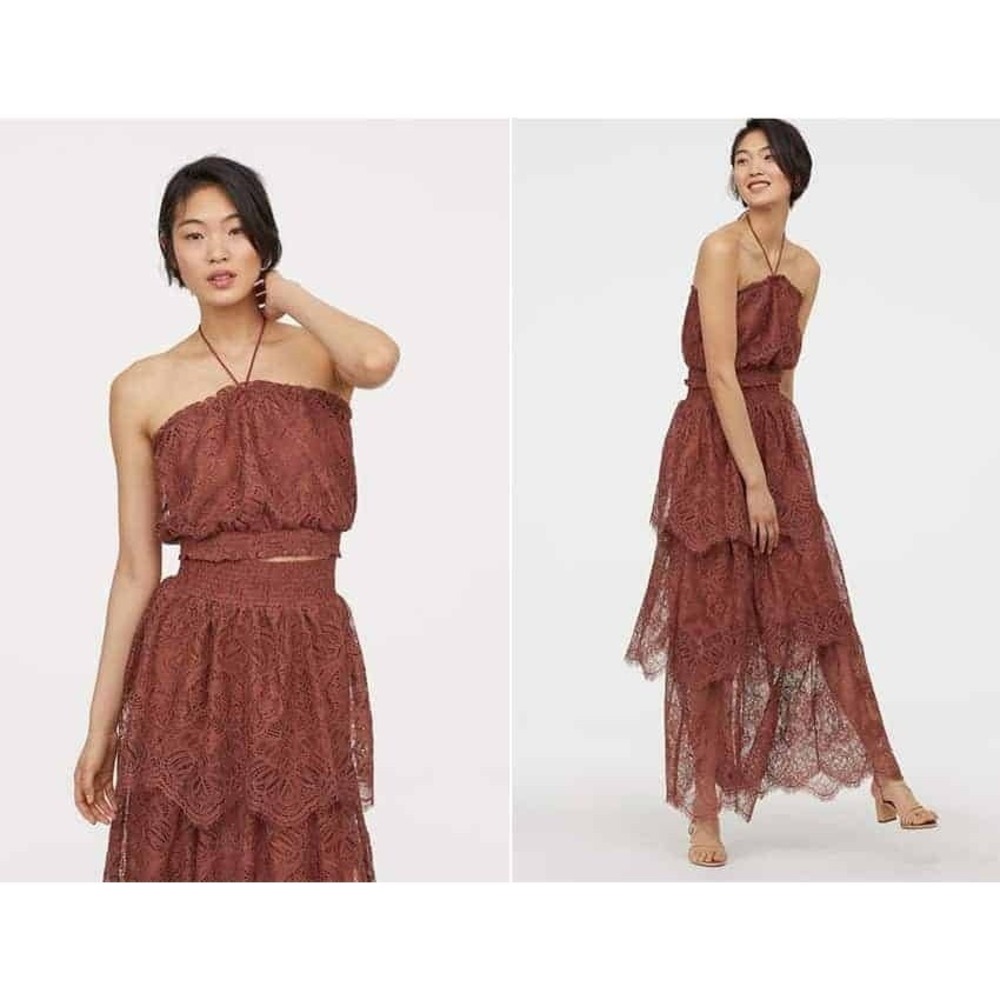 H&M Rust Brown Cooper Lace 2 Piece Set Crop Top & Tiered Maxi Skirt Size 2 Boho